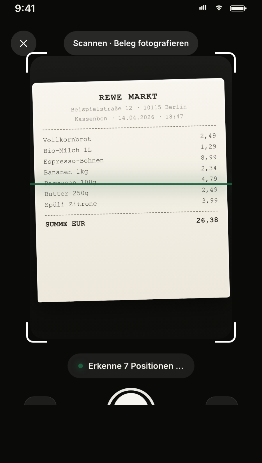 Qota Beleg-Scanner: Kassenbon wird fotografiert und KI erkennt Artikel automatisch