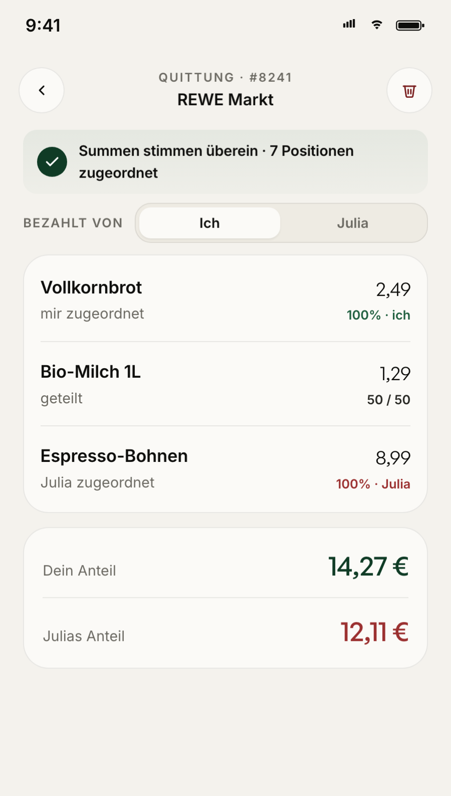 Qota Kostenaufteilung: Artikel werden per Tap einzelnen Personen zugewiesen